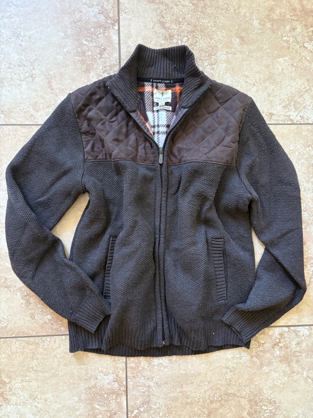 Scott James Brown plaid zip-up jacket with white and orange plaid lining size L